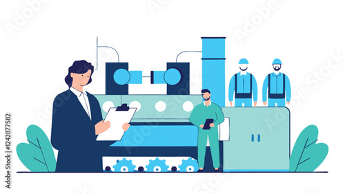 In a factory setting, an internal auditor interviews an employee while holding a notebook and taking notes. Professional and analytical approach