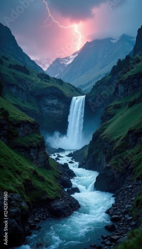 Thunderstorm rages through a narrow mountain valley, mountains, weather, waterfall