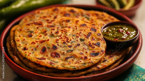 Close up shot of beetroot fenugreek paratha with green chilli chutney isolated on a colorful background