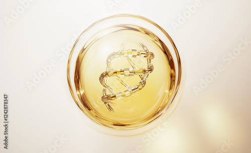 gold water liquid bubble with dna helix, drops, transparent sphere ball, moisture serum, molecules cells, water splash,3d render,Cosmetic and luxury product