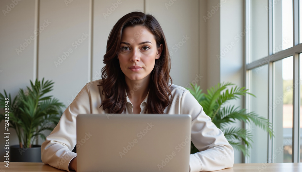 Focused woman working on laptop in minimalistic office space, productivity Focused woman working on laptop in minimalistic office space, productivity