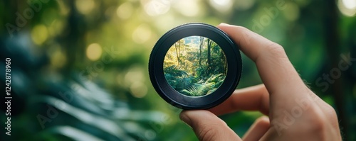 Hand holds lens, viewing jungle; sunlit background; nature exploration