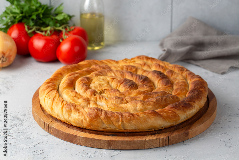Turkish Tepsi Boregi, Round Borek, Tray pastry (Turkish name; rulo borek - ispanakli borek)
