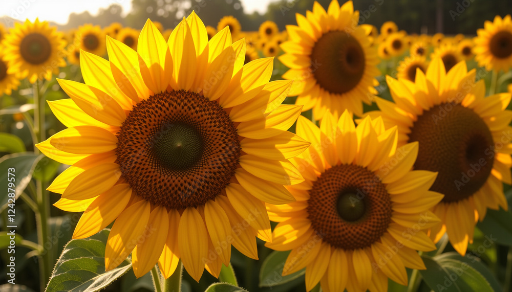 Obraz premium Vibrant sunflowers blooming in golden sunlight, nature's beauty