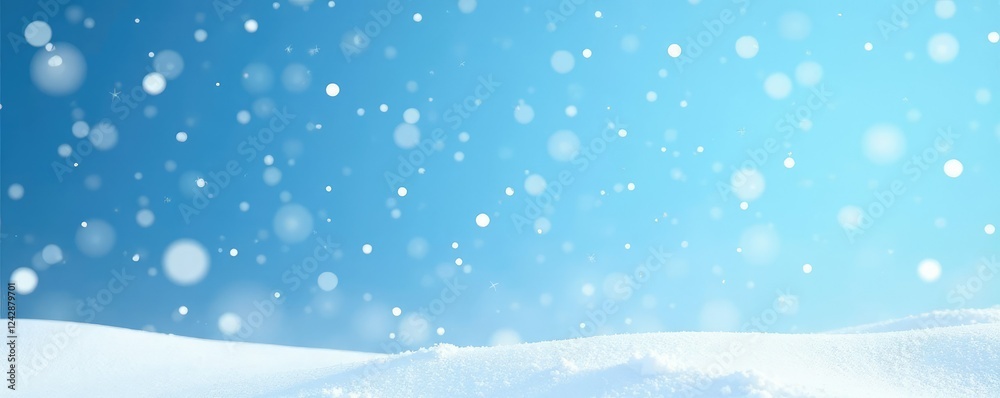 Pure white snowflakes fall through a clear blue sky with no clouds, icy landscape, white, calm Pure white snowflakes fall through a clear blue sky with no clouds, icy landscape, white, calm