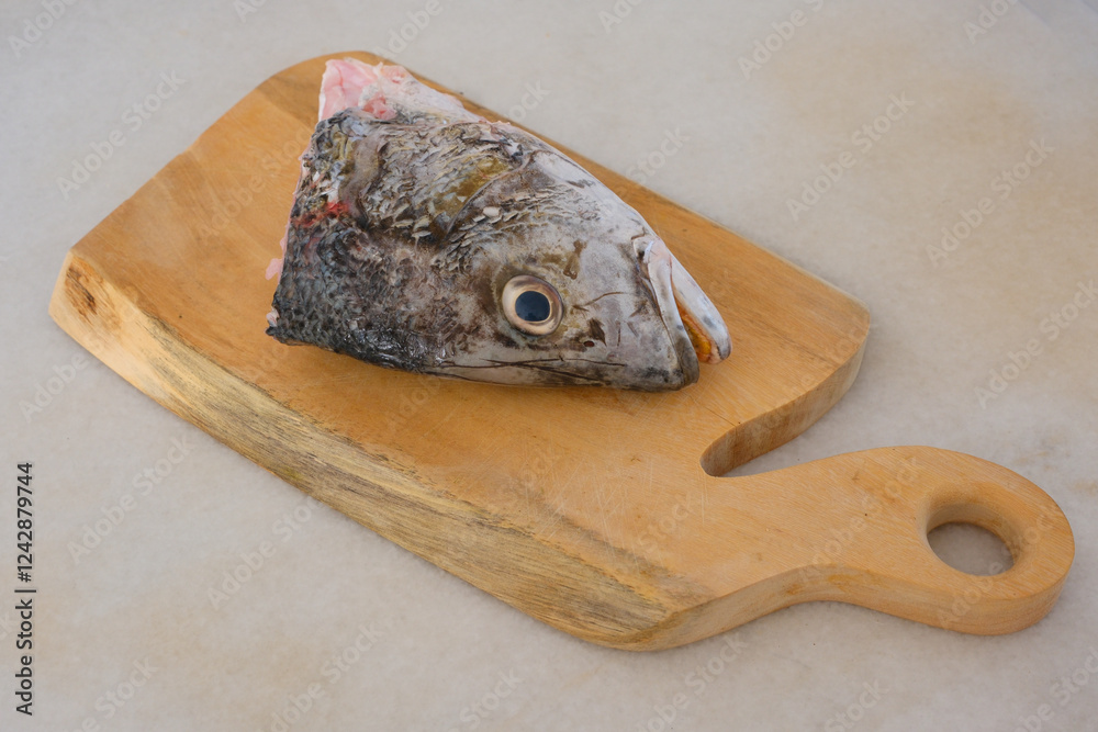Raw golden snapper heads ready for cooking with some spices on wooden cutting board