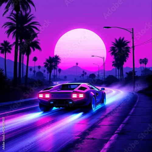 A car is driving down a road with a bright neon light on the front. The car is surrounded by palm trees and a large, glowing sun in the background. The scene is set in a tropical location, with a warm