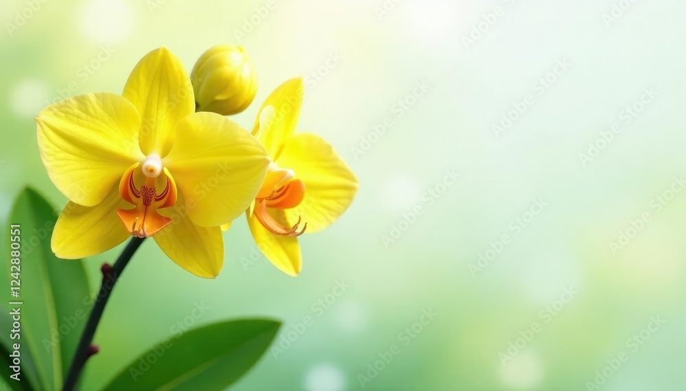 Majestic yellow orchid blooms against a soft white and green canvas, landscape, garden Majestic yellow orchid blooms against a soft white and green canvas, landscape, garden