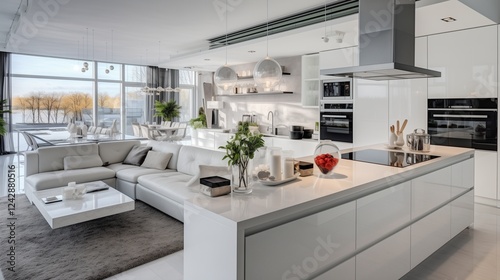 Luxurious white kitchen with modern appliances, open to a spacious living room in a large house