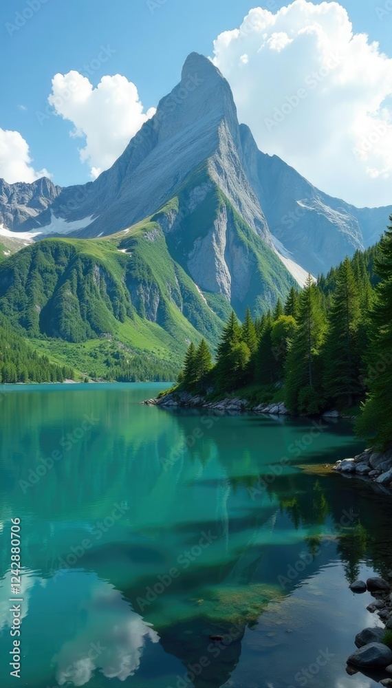 Mountain peak with lush greenery and serene lake, water, serene Mountain peak with lush greenery and serene lake, water, serene
