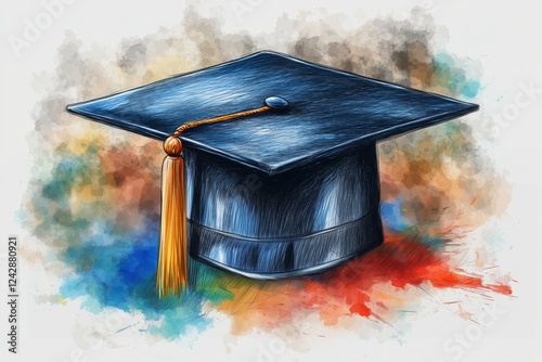 Graduation cap celebrating academic achievement with colorful watercolor background