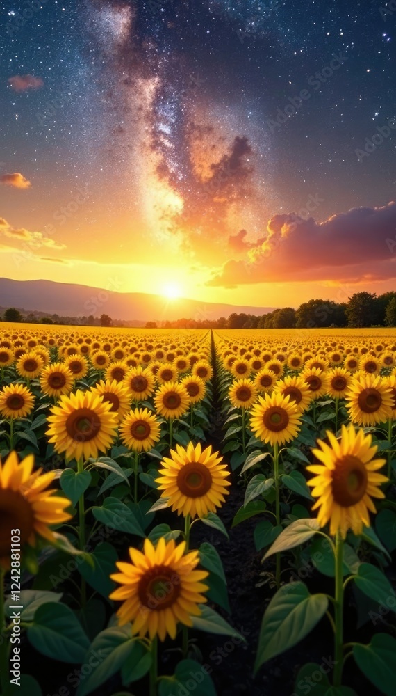 Fototapeta premium Golden sunflower fields stretch towards a bright milky way, sunset, flower field, fields