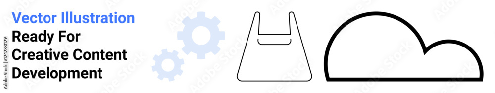 Minimalistic line art featuring gear wheels, a shopping bag, and a cloud. Ideal for themes thumbs up technology, sustainability, e-commerce, cloud storage, innovation, environment flat landing page Minimalistic line art featuring gear wheels, a shopping bag, and a cloud. Ideal for themes thumbs up technology, sustainability, e-commerce, cloud storage, innovation, environment flat landing page