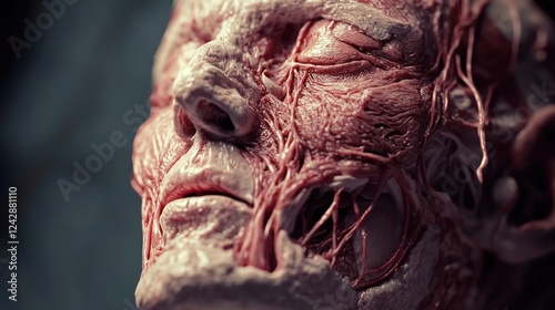 Anatomical face model, muscles, veins, dark background, medical education