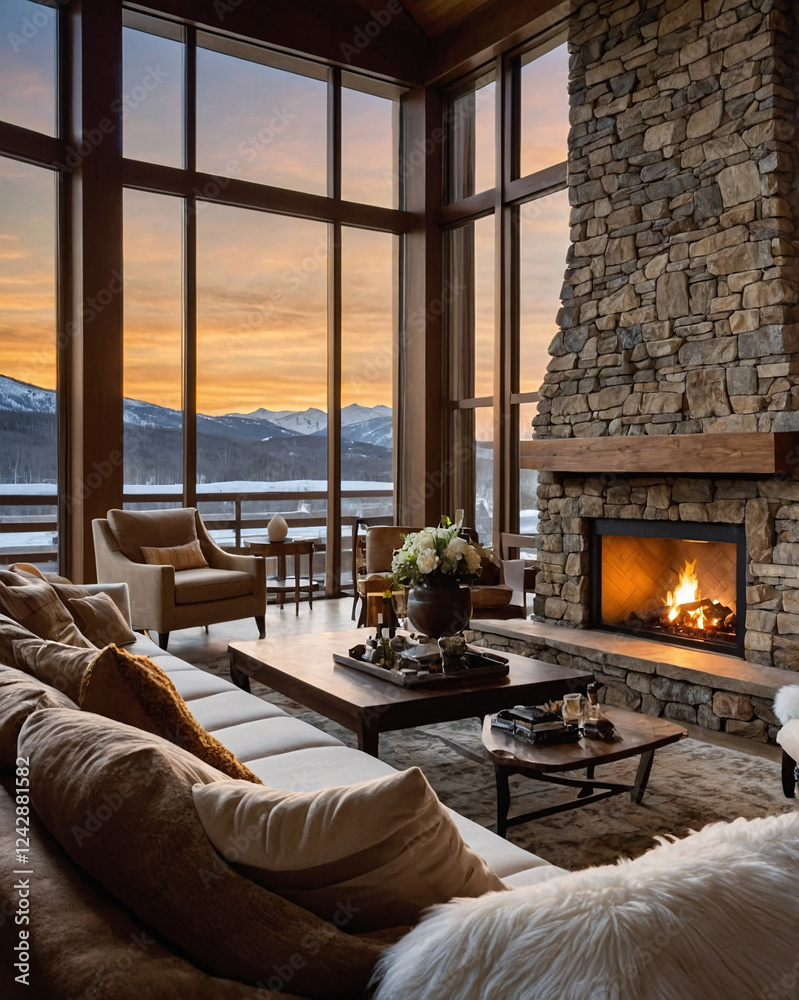 Obraz premium Inviting rustic living room with beige sofa stone wall glowing fireplace and large windows offering panoramic snowy mountain views at golden hour Interior Design Inspiration