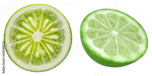 Fresh green apple sliced isolated on transparent background, PNG, Set of