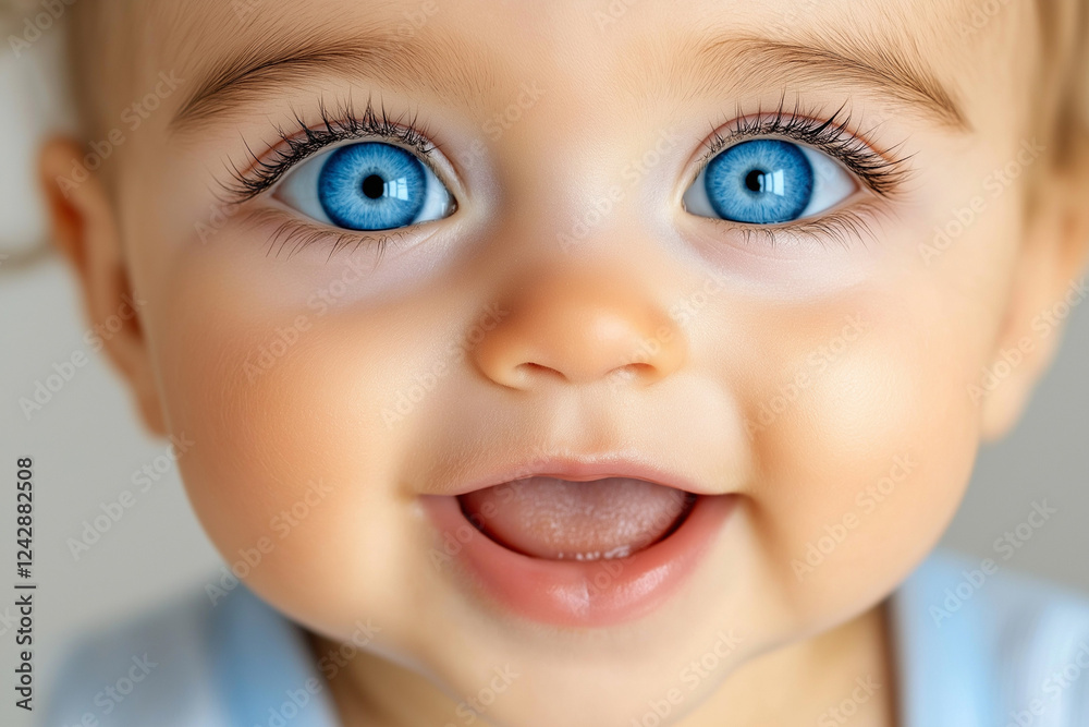 Smiling baby with bright blue eyes and joyful expression in portrait with copy space Smiling baby with bright blue eyes and joyful expression in portrait with copy space