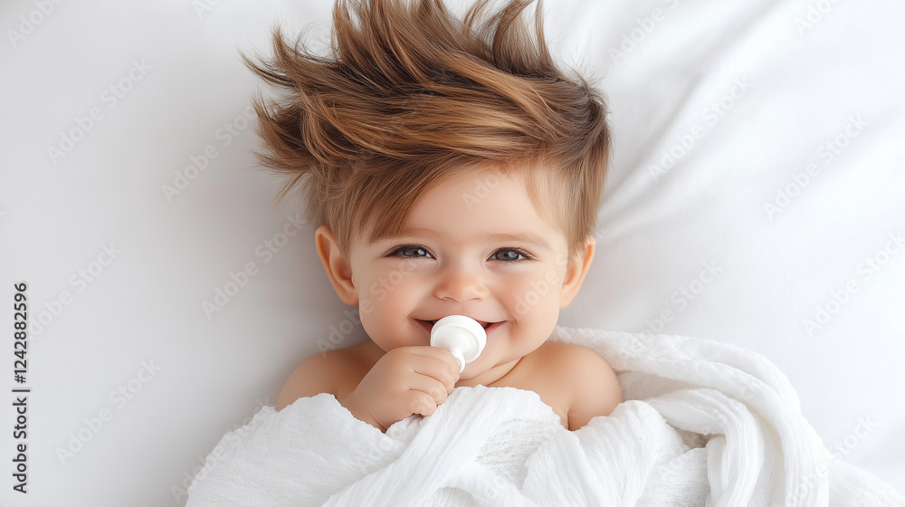 Happy baby with wild hair holding pacifier on bed Happy baby with wild hair holding pacifier on bed