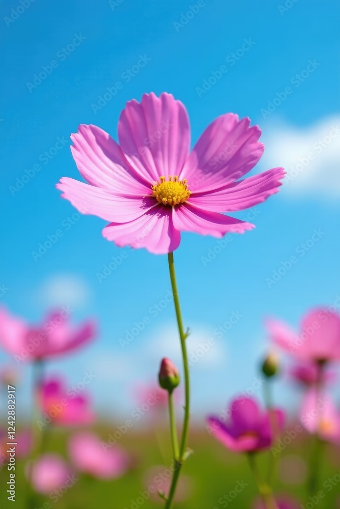 A single pink cosmos flower against a bright blue sky, pink cosmos, blue sky A single pink cosmos flower against a bright blue sky, pink cosmos, blue sky
