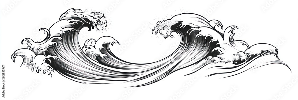 Fototapeta premium Dynamic Ocean Waves Artistic Black Ink Drawing