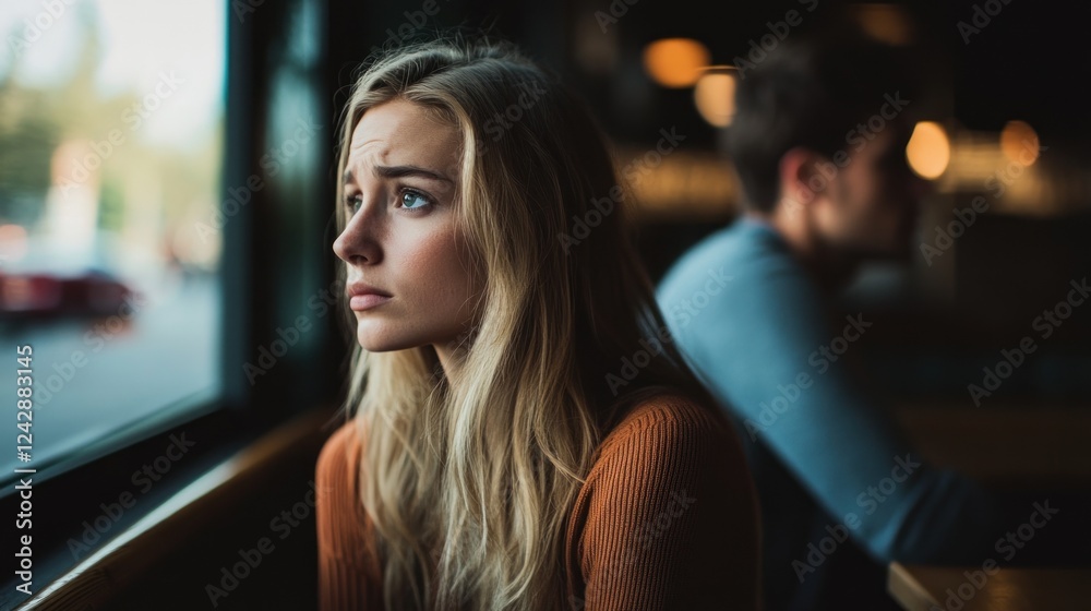 Obraz premium Sad woman cafe window heartbreak relationship trouble