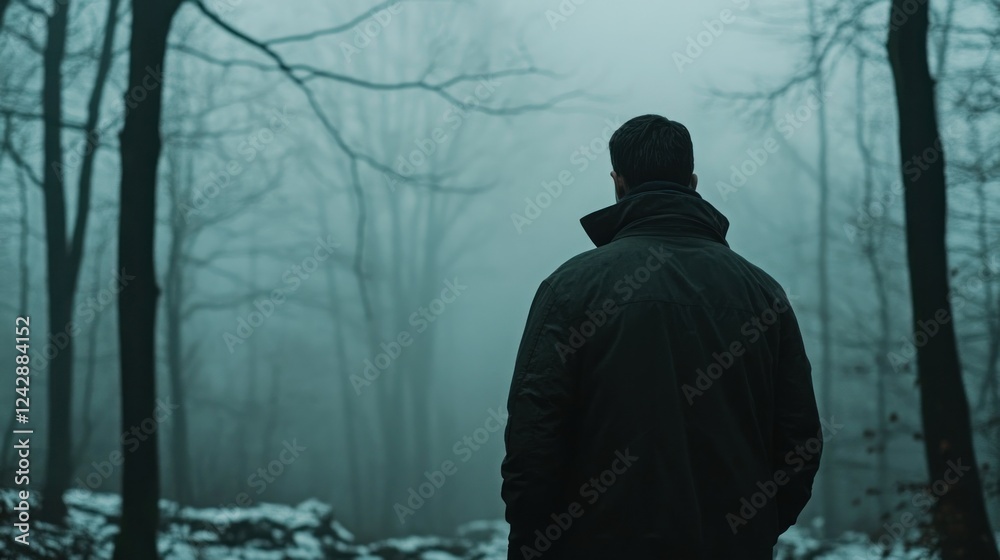 Man alone in foggy winter forest, contemplating Man alone in foggy winter forest, contemplating