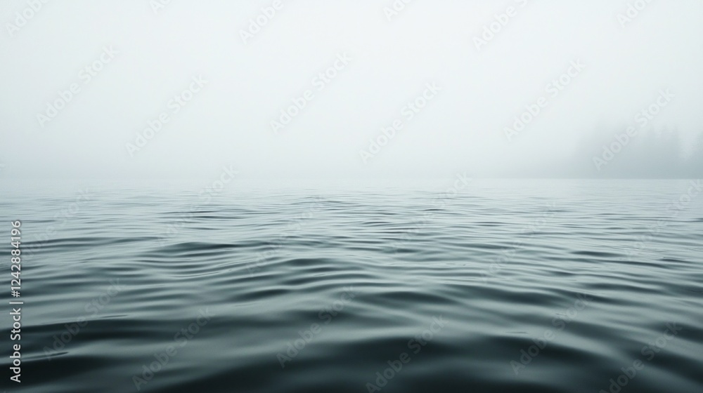 Naklejka premium Ripples gently dance across the serene surface of the lake as a thick blanket of fog drapes the landscape, creating a peaceful, ethereal atmosphere at dawn