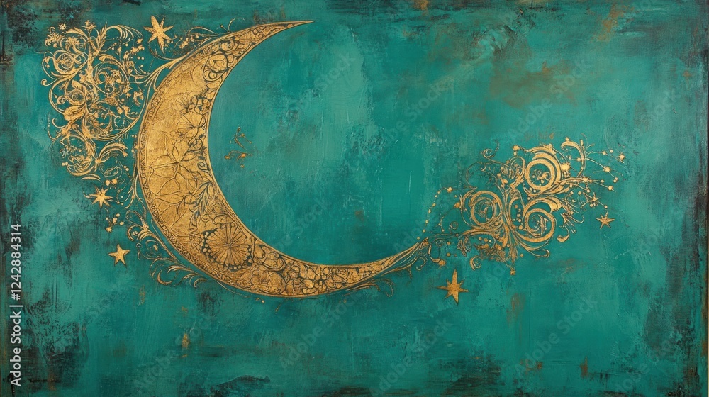 Ornate Golden Crescent Moon Teal Background Art Ornate Golden Crescent Moon Teal Background Art