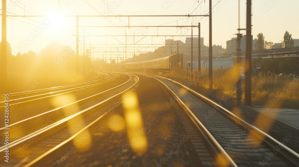 Fototapeta premium Sunset Train Tracks Cityscape Departure