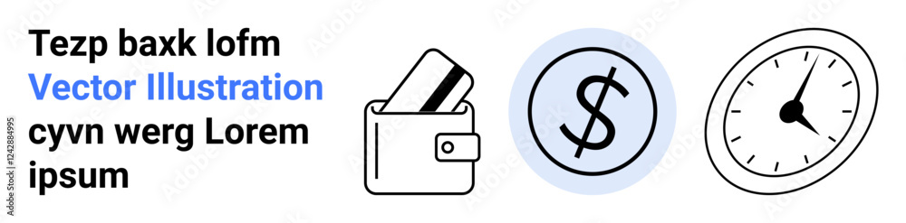 Wallet with credit cards, dollar sign in circle, and analog clock. Ideal for finance, budgeting, time management, banking, investment savings personal finance. Landing page Wallet with credit cards, dollar sign in circle, and analog clock. Ideal for finance, budgeting, time management, banking, investment savings personal finance. Landing page