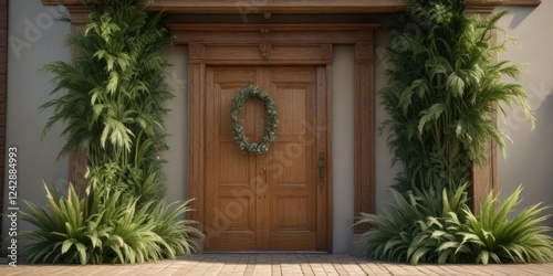 Wooden doorway embellished with a frame of greenery and a wreath of delicate pampas plumes, delicate, natural, embellished, frame photo