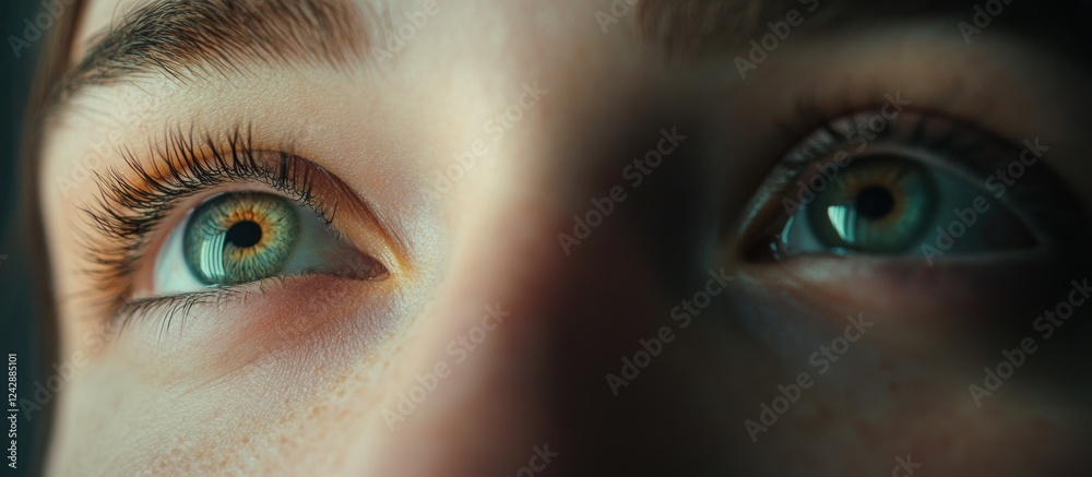 Naklejka premium Close-up female eyes gazing, dark background, hope concept