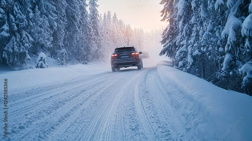 Snowy country road with car on winter day, back view Snowy country road with car on winter day, back view