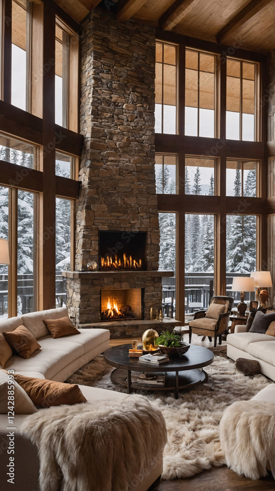 Inviting rustic living room with a beige sofa fur rug stony wall fireplace warmth and stunning views of snowy mountains at golden hour  Interior Design Inspiration