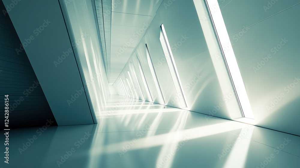 Obraz premium Futuristic corridor, light, perspective, architecture, modern, interior, design, reflective floor, space, technology
