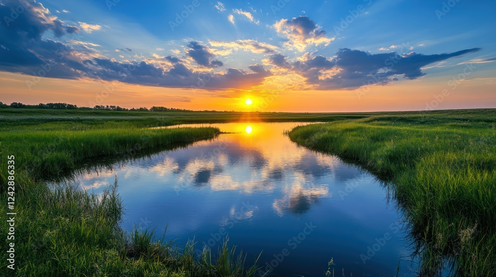 Serene Sunset Reflection on a Tranquil River Serene Sunset Reflection on a Tranquil River