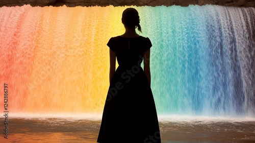 Silhouette of a Woman in Front of a Colorful Waterfall Display photo