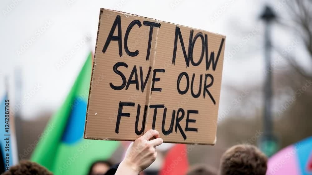 A passionate protester holding a cardboard sign urging immediate action to save the environment and secure a sustainable future for the next generations at a climate rally.