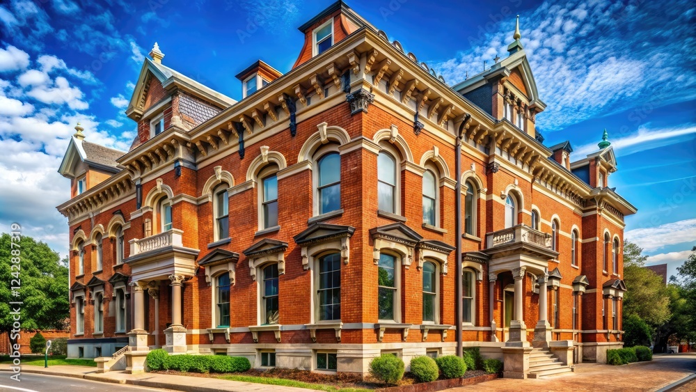 Wide-angle shot of a historic brick building with ornate moldings and intricate details, woodwork, historical landmarks, architectural ornaments Wide-angle shot of a historic brick building with ornate moldings and intricate details, woodwork, historical landmarks, architectural ornaments