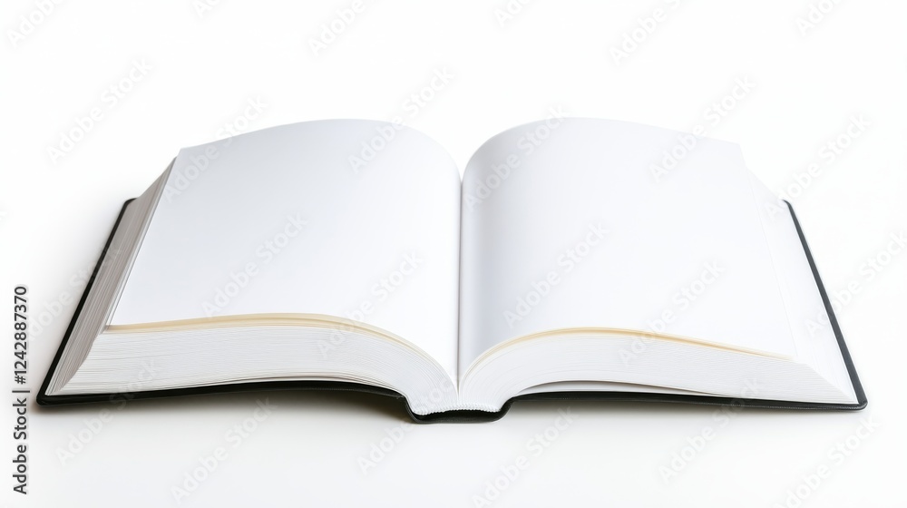 Open blank book pages on white background, studio shot, ready for text or images, ideal for design projects Open blank book pages on white background, studio shot, ready for text or images, ideal for design projects