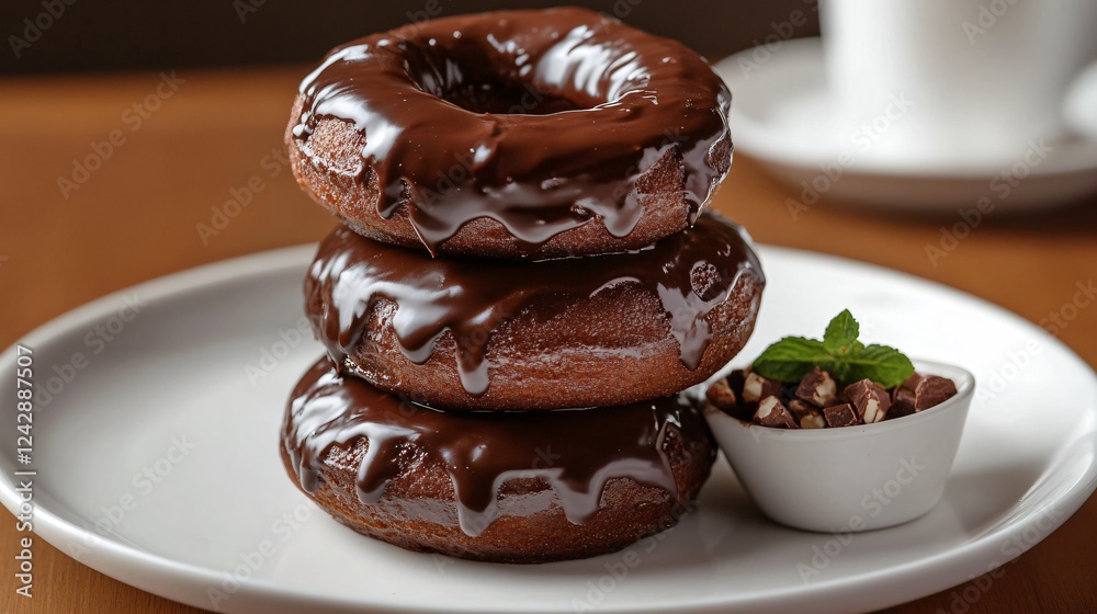 A chocolate doughnut stack, drizzled with espresso-infused dark chocolate glaze, served with a side of hazelnut cream A chocolate doughnut stack, drizzled with espresso-infused dark chocolate glaze, served with a side of hazelnut cream