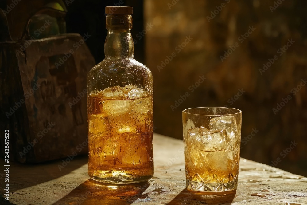 Whiskey bottle and glass on a rustic surface with ice cubes glowing in warm light Whiskey bottle and glass on a rustic surface with ice cubes glowing in warm light