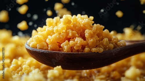 Wooden spoon with golden granules,  spilling, food preparation photo