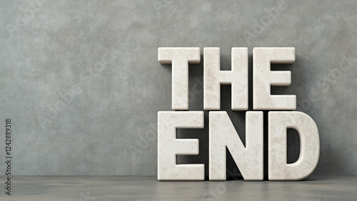 The end title with concrete letters standing on gray floor against gray concrete wall