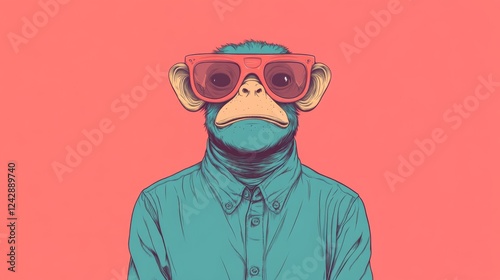 Cool monkey in sunglasses and shirt, minimalist background, fun illustration, social media photo