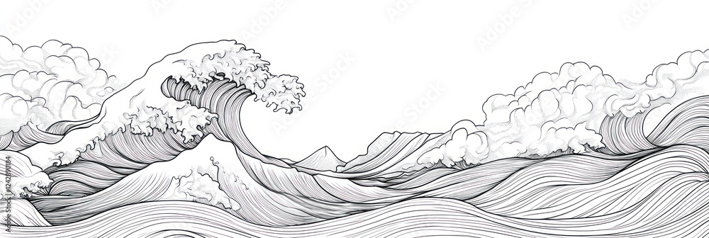 Fototapeta premium Detailed Line Drawing Of Powerful Ocean Waves