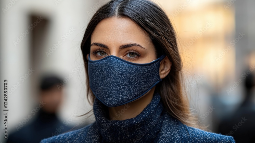 A woman wears a blue mask and matching coat, exuding a modern, stylish look amidst a blurred urban background. A woman wears a blue mask and matching coat, exuding a modern, stylish look amidst a blurred urban background.