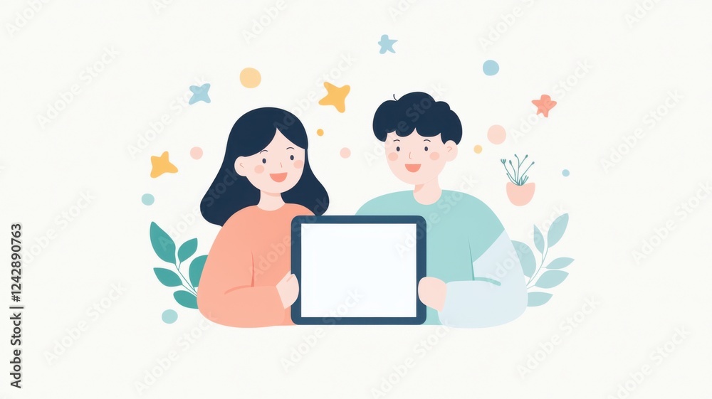 A cheerful couple holds a tablet, surrounded by plants and decorative elements, symbolizing technology and connection. A cheerful couple holds a tablet, surrounded by plants and decorative elements, symbolizing technology and connection.