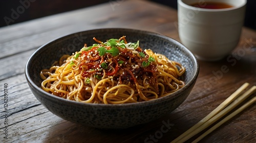 Spicy Fried Noodles Close-up: Aromatic and Flavorful Dish