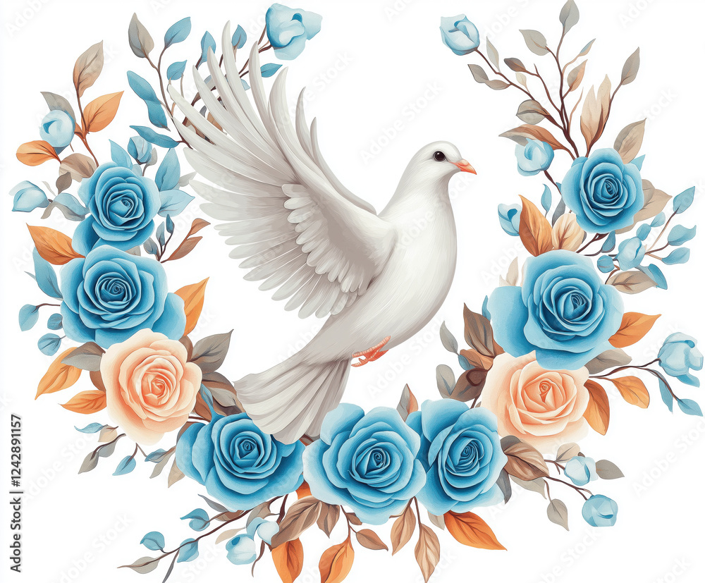 Fototapeta premium White dove flying with roses and floral wreath decoration